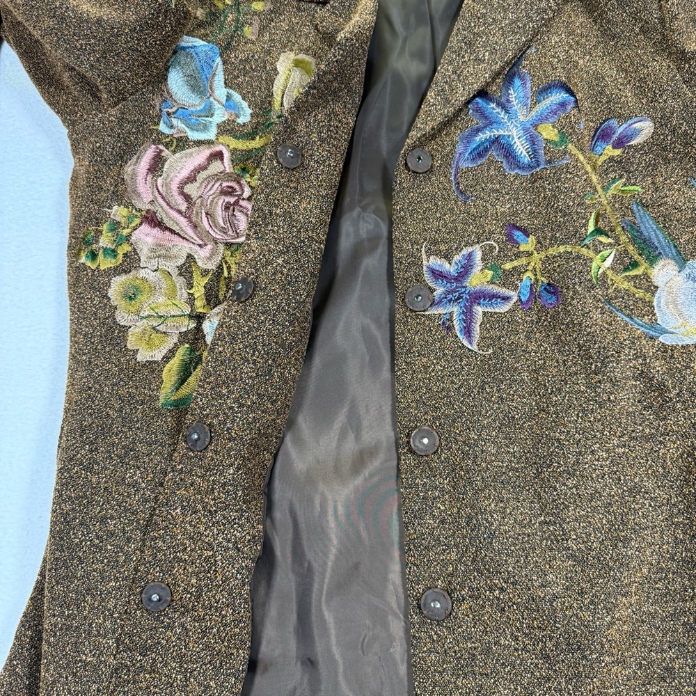 Vintage art blazer floral bird embroidered jacket NEWPORT NEWS 14w brown long - Picture 11 of 15